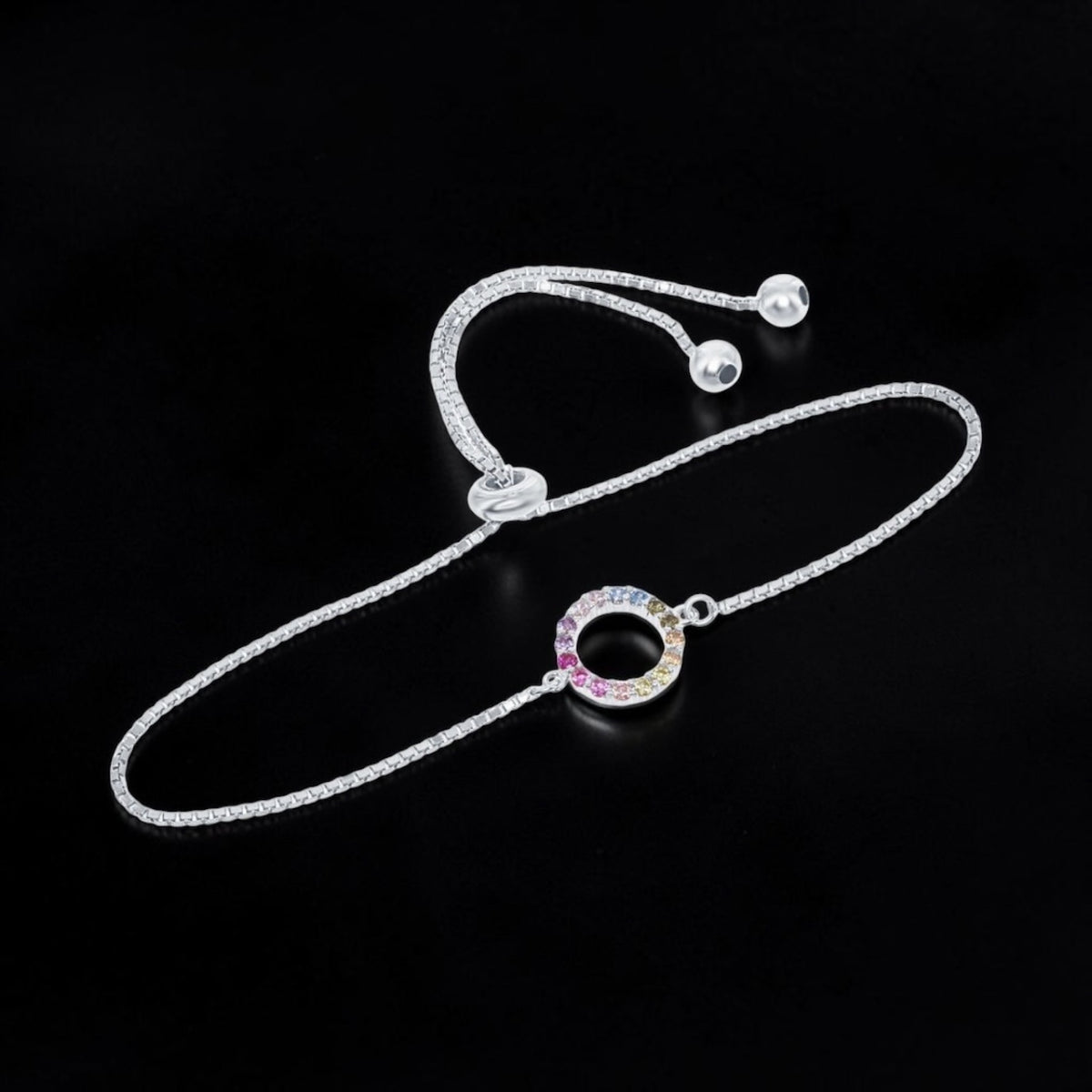 Sterling Silver, Rainbow Open Circle With Box Chain Adjustable Bolo Bracelet