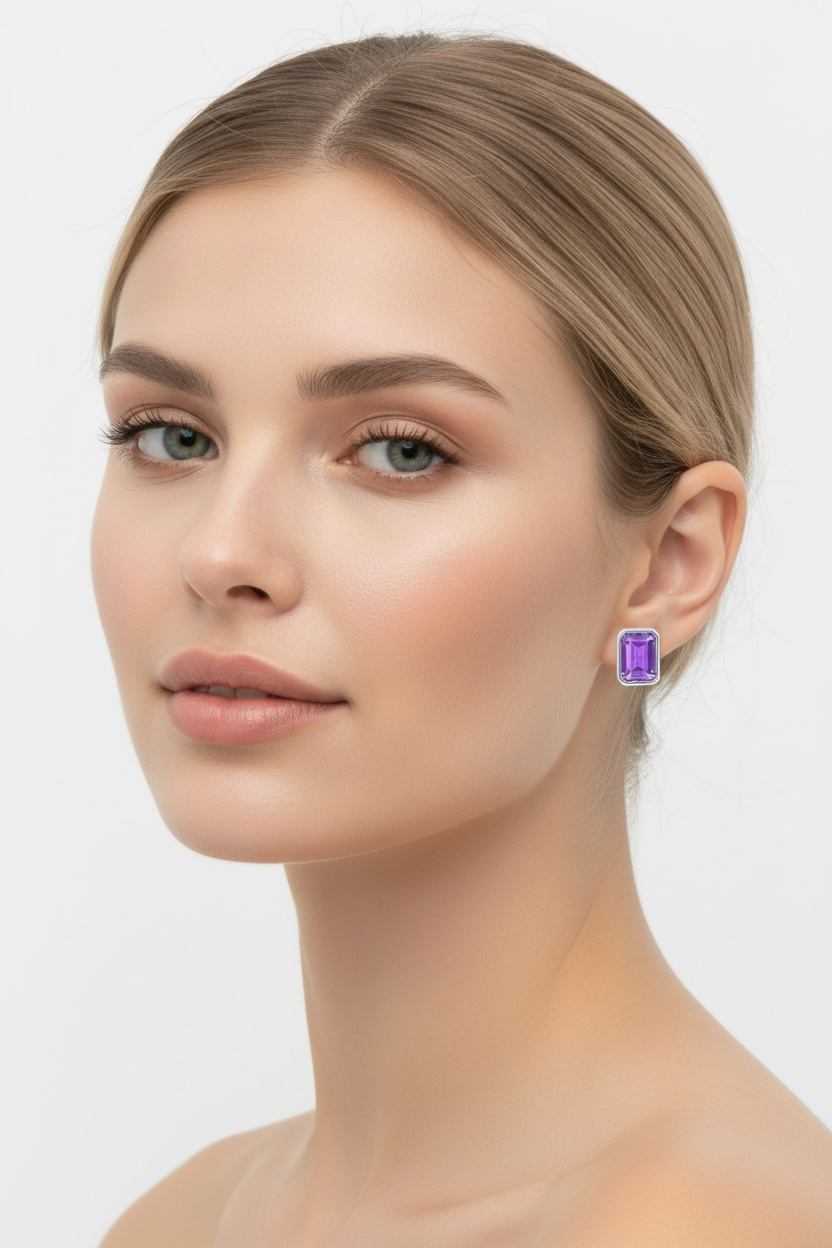 Sterling Silver, 'Feburary' Birthstone Rectangle CZ Studs - Amethyst 8X6mm