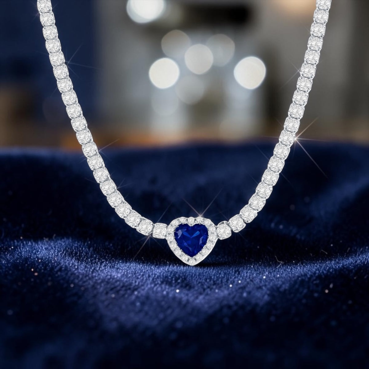 Sterling Silver, Heart Crystalline Tennis Necklace - Sapphire Queen Style