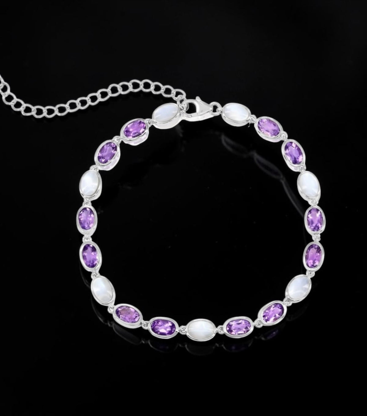Sterling Silver, Oval MOP & Amethyst Gem Bracelet