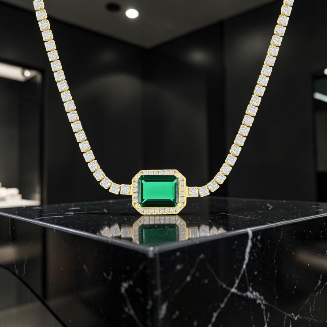 Sterling Silver Asscher Cut Emerald & Crystal Tennis Choker - Gold Plated