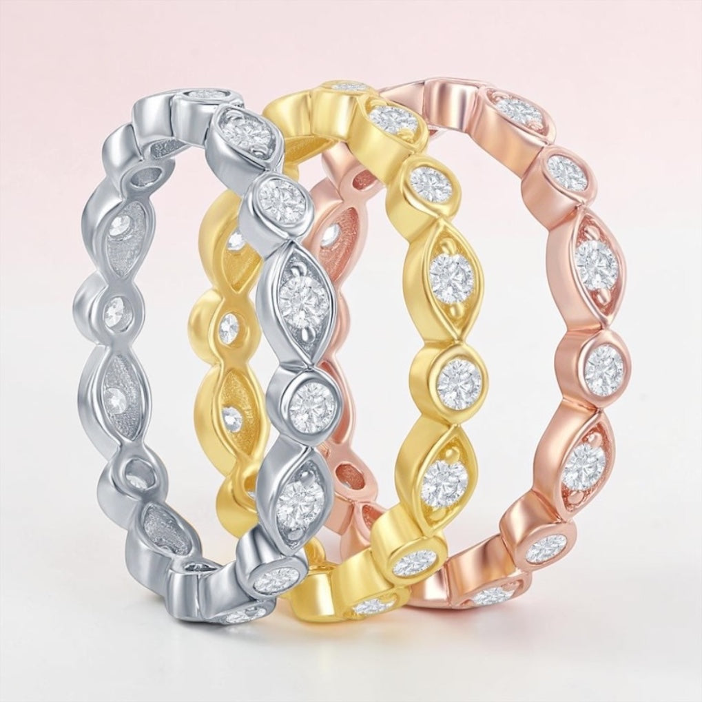 Sterling Silver Tri-Color, Marquise and Round CZ Eternity 3-Band Ring Size 9
