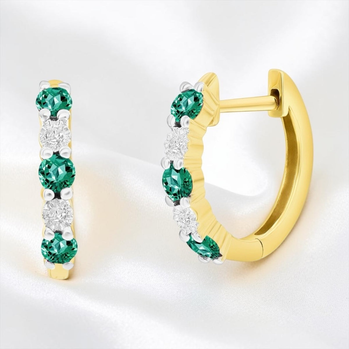 14K Yellow Real Gold Round 0.34ct Emerald Diamond Hoop Earrings