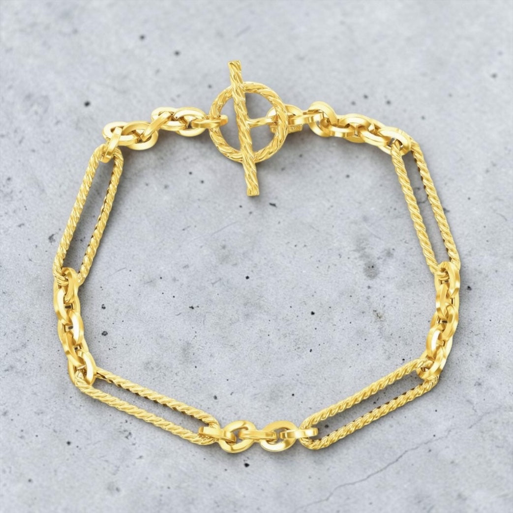 14K Real Yellow Gold, Rope Design Paperclip Toggle Bracelet 7.5”
