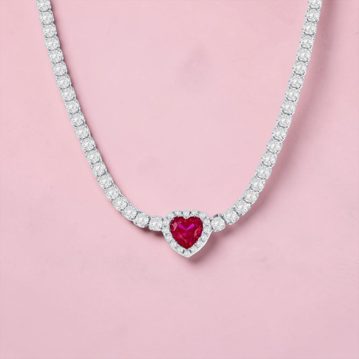 Sterling Silver Heart Crystalline Tennis Necklace Ruby