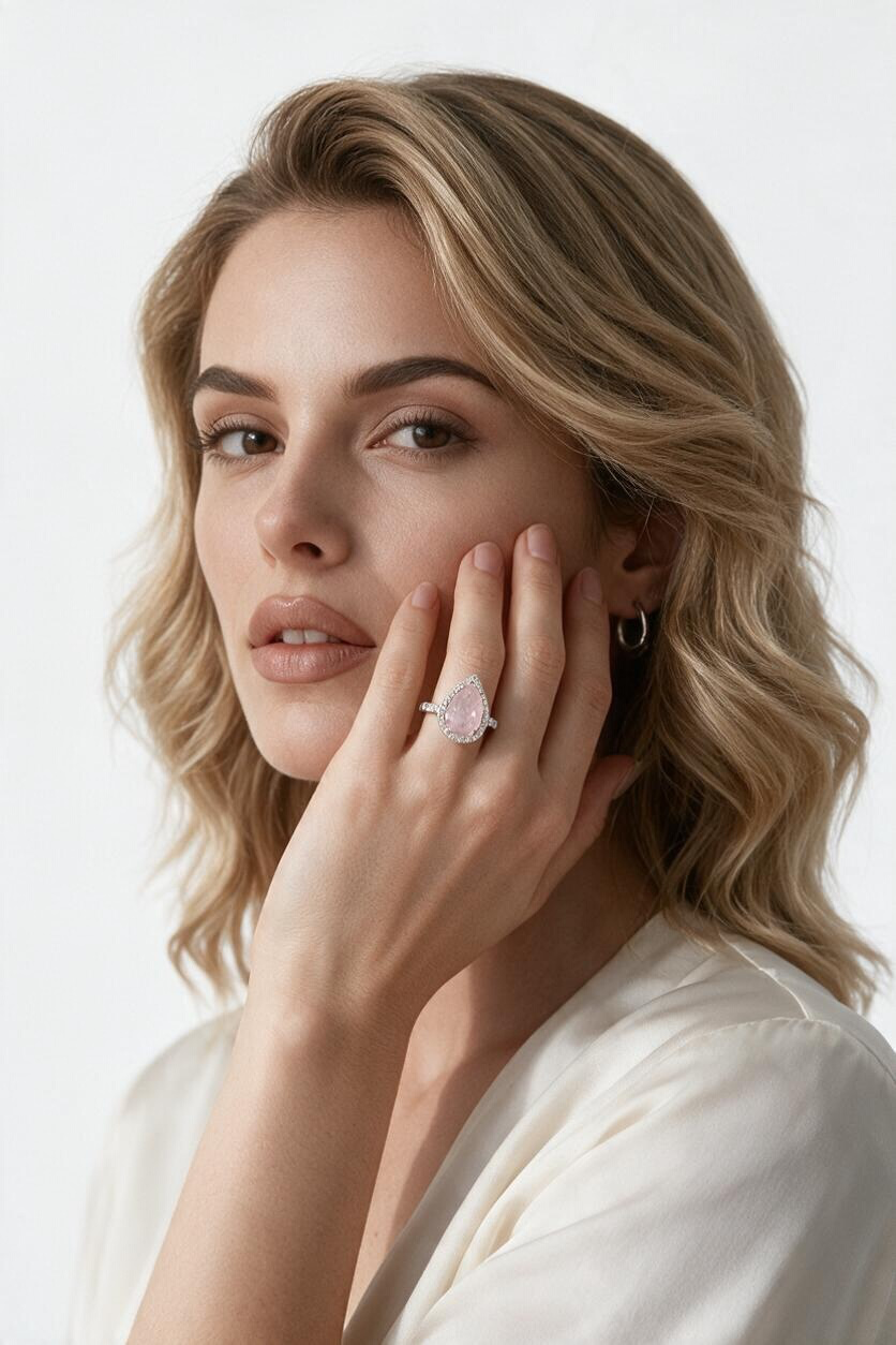 Sterling Silver Diamond with Gem Large Teardrop Ring - Rose Quartz