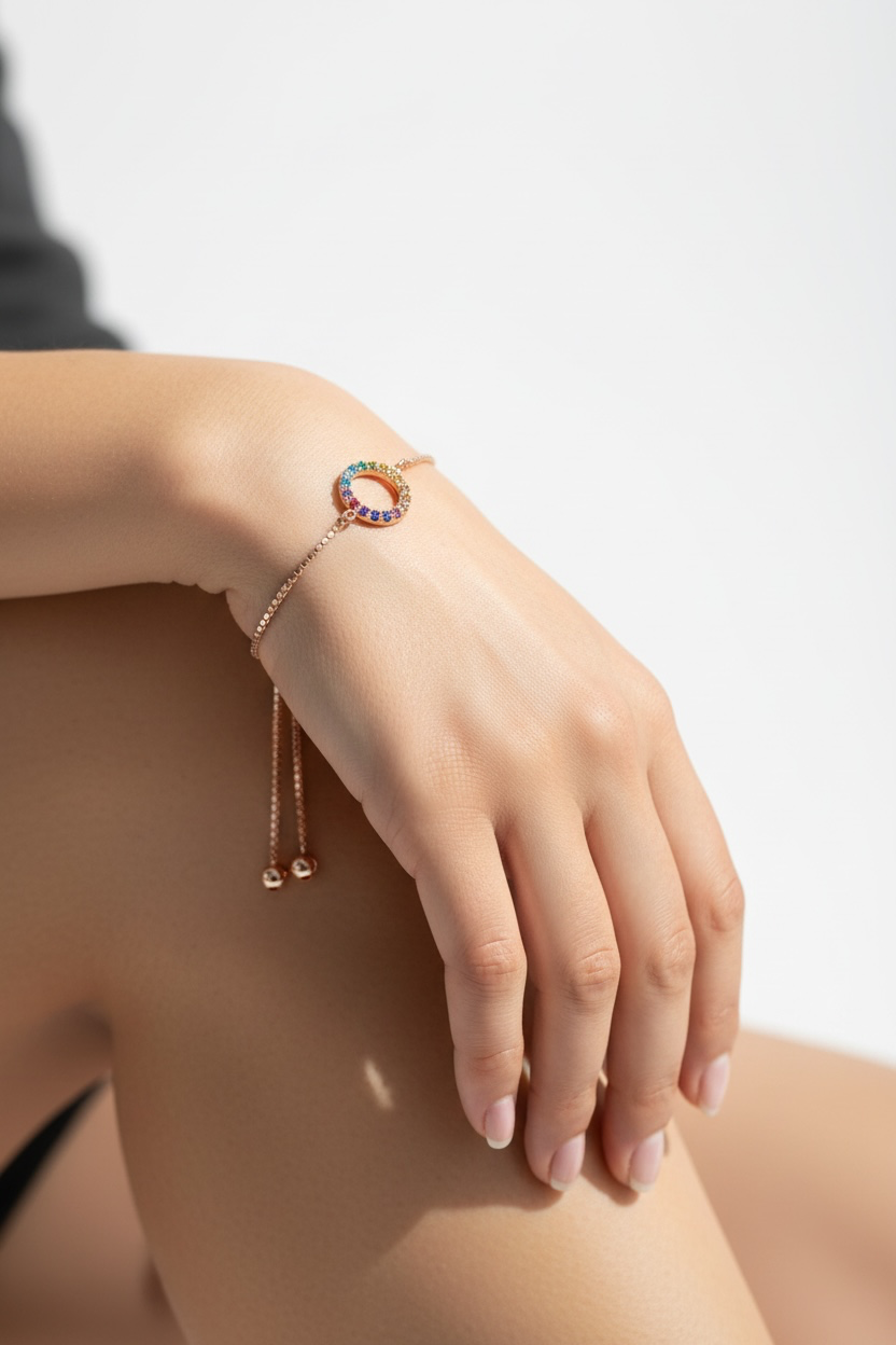 Sterling Silver, Rainbow Open Circle With Box Chain Adjustable Bolo Bracelet Rose Gold