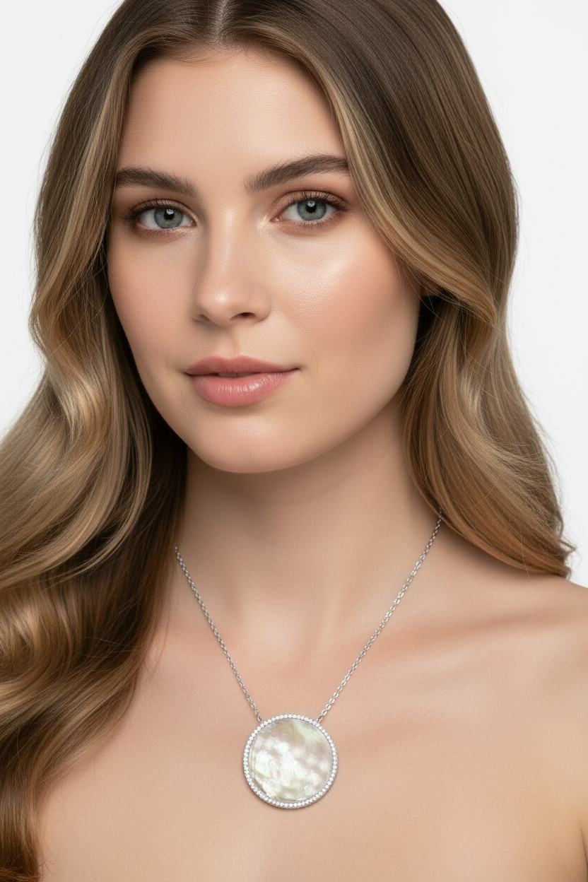 Sterling Silver Mother of Pearl Disc with Crystal Border Necklace