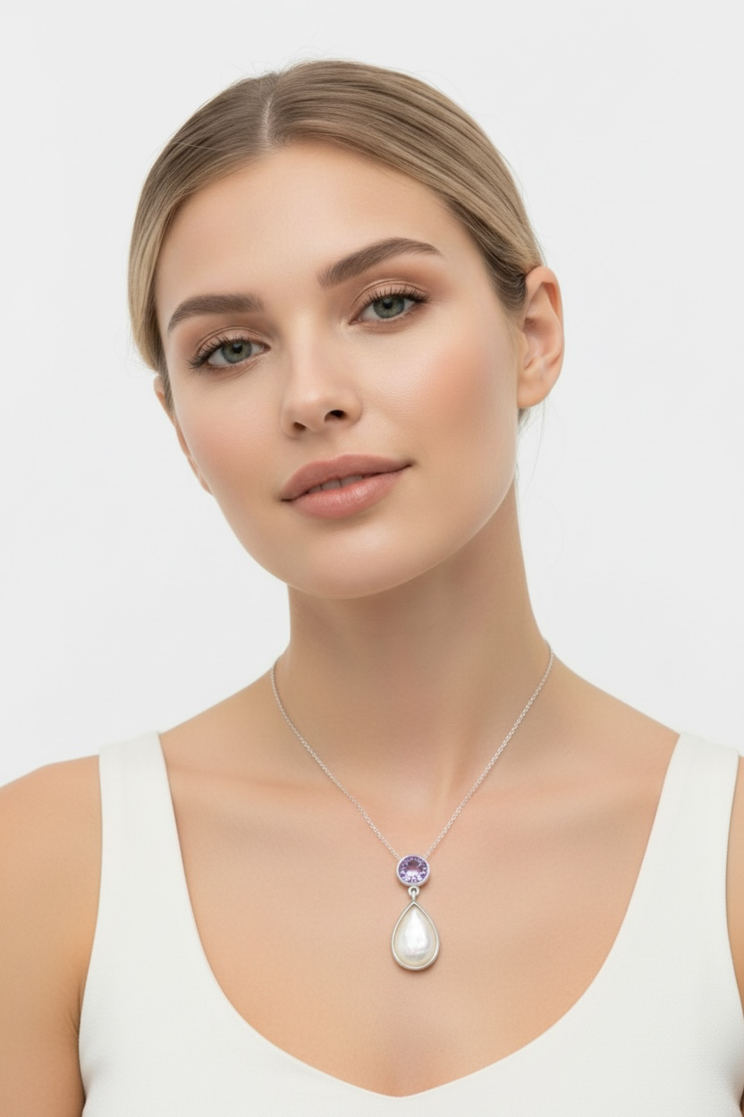 Sterling Silver Amethyst and Mother of Pearl Pendant