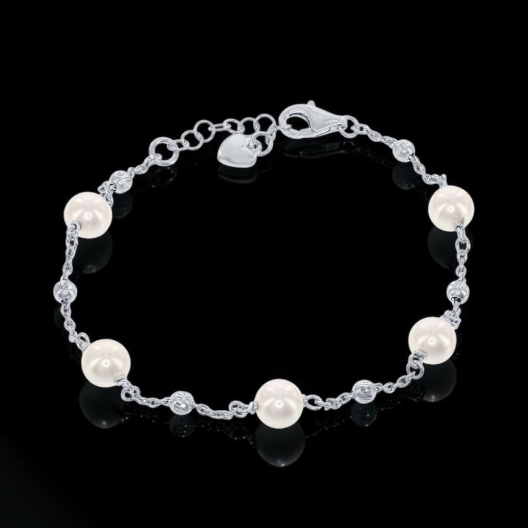 Sterling Silver 6mm Pearls with Moon Beads Bracelet