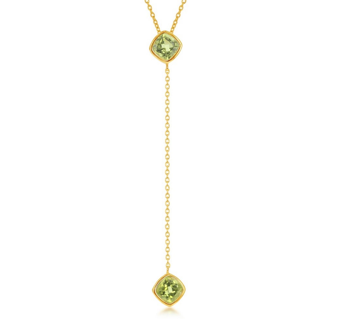 Sterling Silver, Square Peridot with Long Hanging Chain and Square Peridot Necklace - Gold Plated