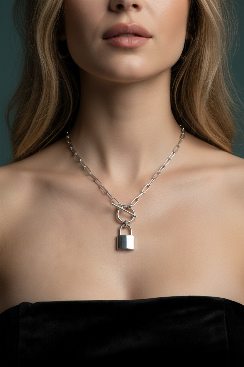 925 Sterling Silver, Lock Charm Paperclip Necklace