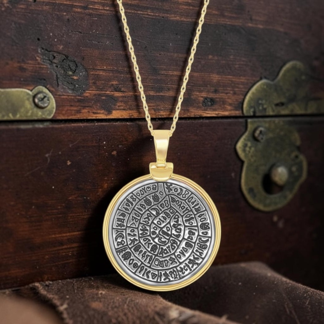 Sterling Silver Phaistos Replica Coin Pendant With Chain 14k Gold Plated size medium