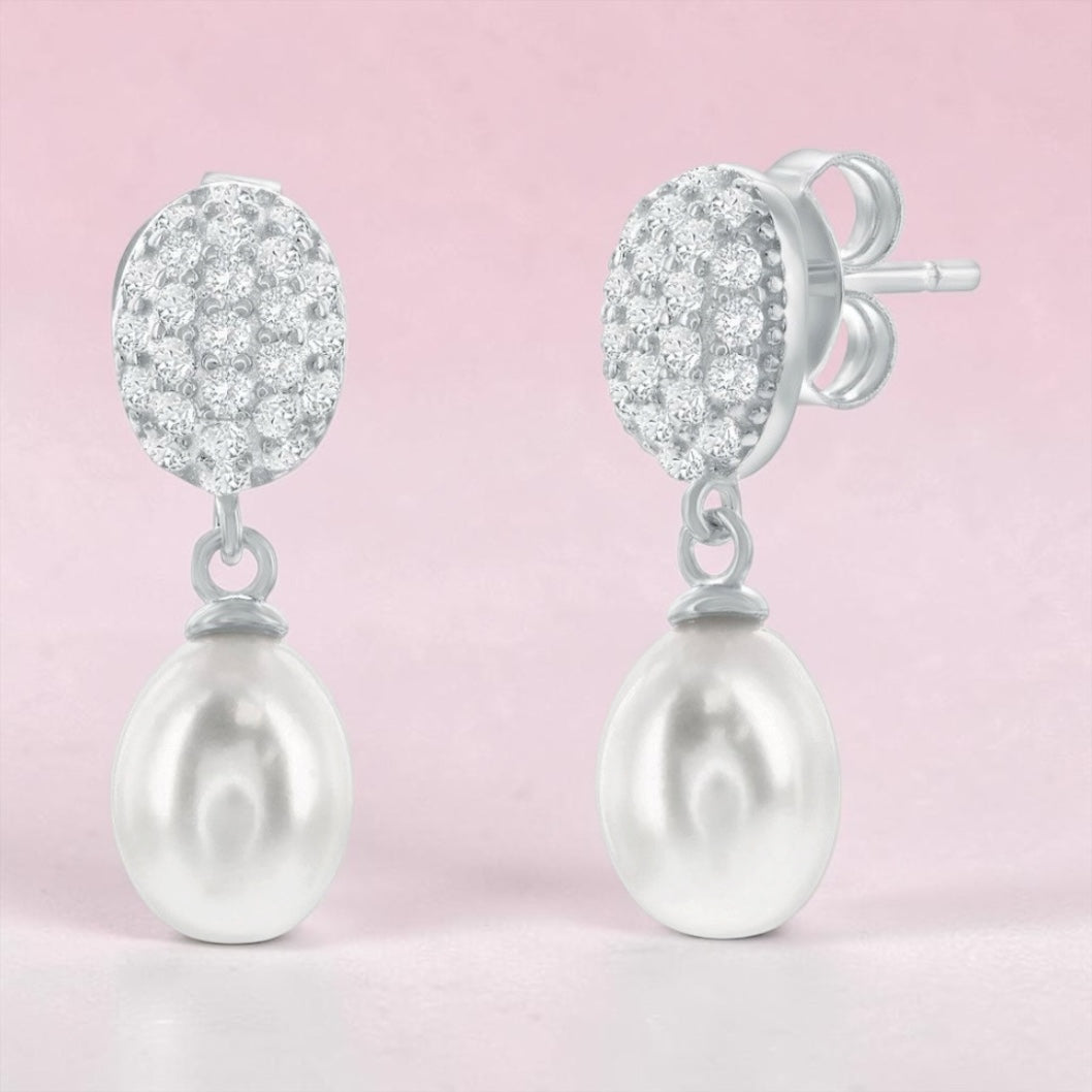925 Sterling Silver Oval Pave Crystal & Freshwater Pearl Necklace & Earrings Set