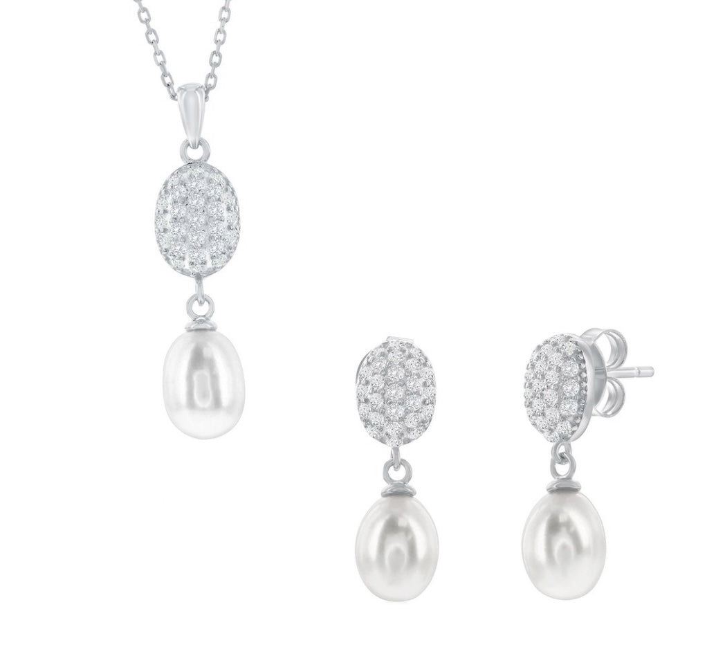 925 Sterling Silver Oval Pave Crystal & Freshwater Pearl Necklace & Earrings Set