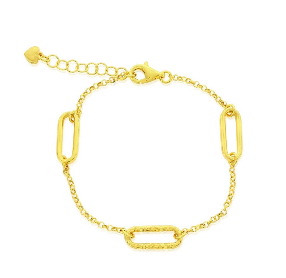 Sterling Silver Polished andTextured Paperclip Design Bracelet 14k Gold Plated