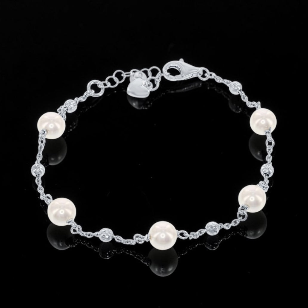 Sterling Silver 6mm Pearls with Moon Beads Bracelet