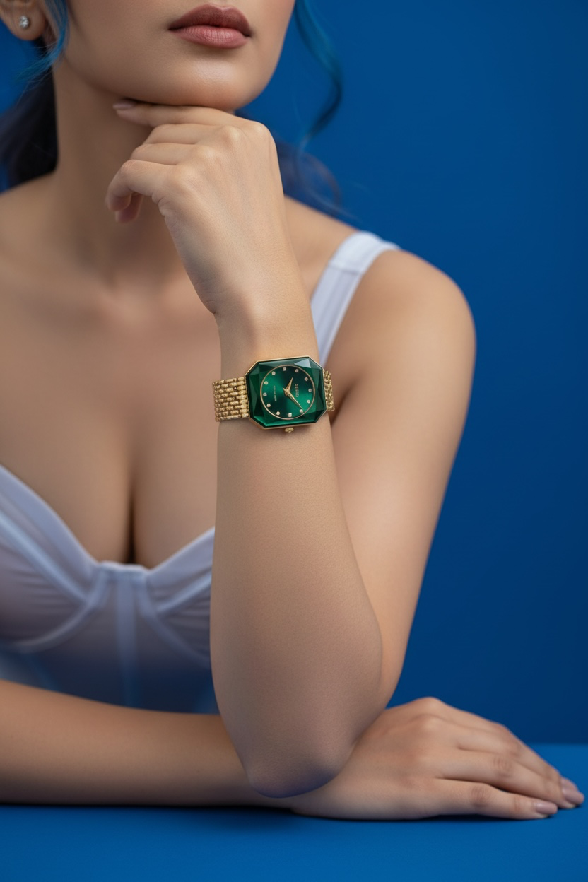 FACET RADIANT, Princess-Cut, Gold Plated Swiss Quartz Watch, 15mm Band - Green Dial
