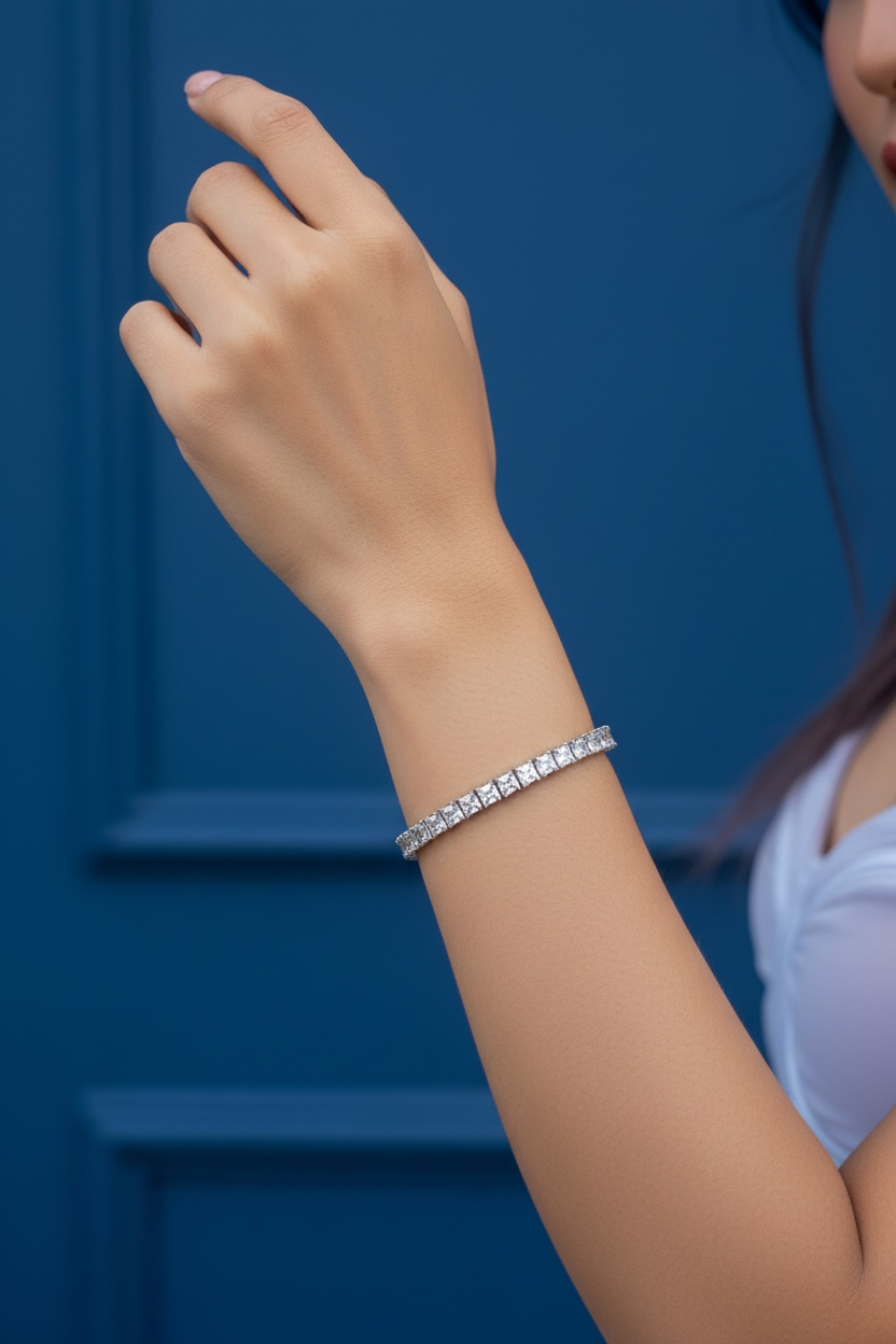 Sterling Silver 4mm Square Tennis Bracelet 7.5 inches