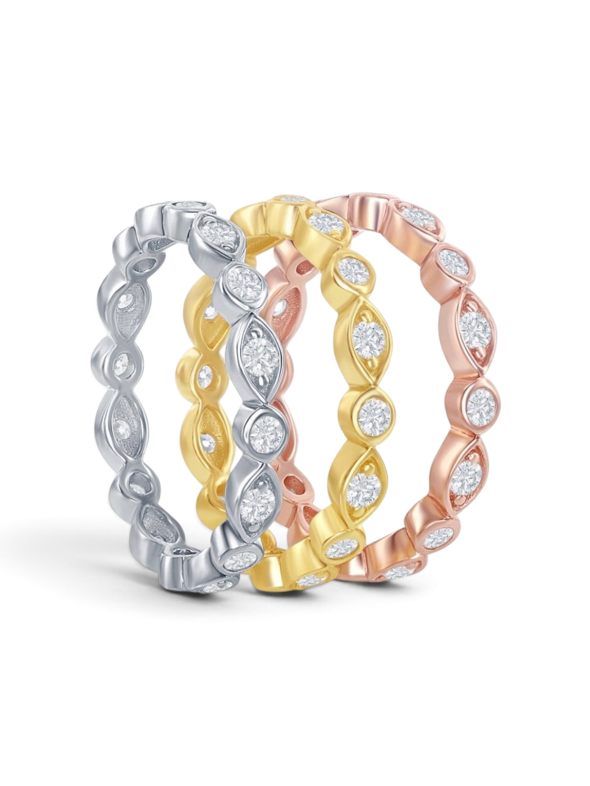 Sterling Silver Tri-Color, Marquise and Round CZ Eternity 3-Band Ring Size 9