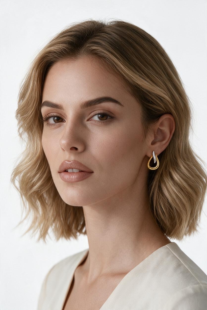 Sterling Silver, Polished Pearshaped Necklace and Earrings - Two-Tone