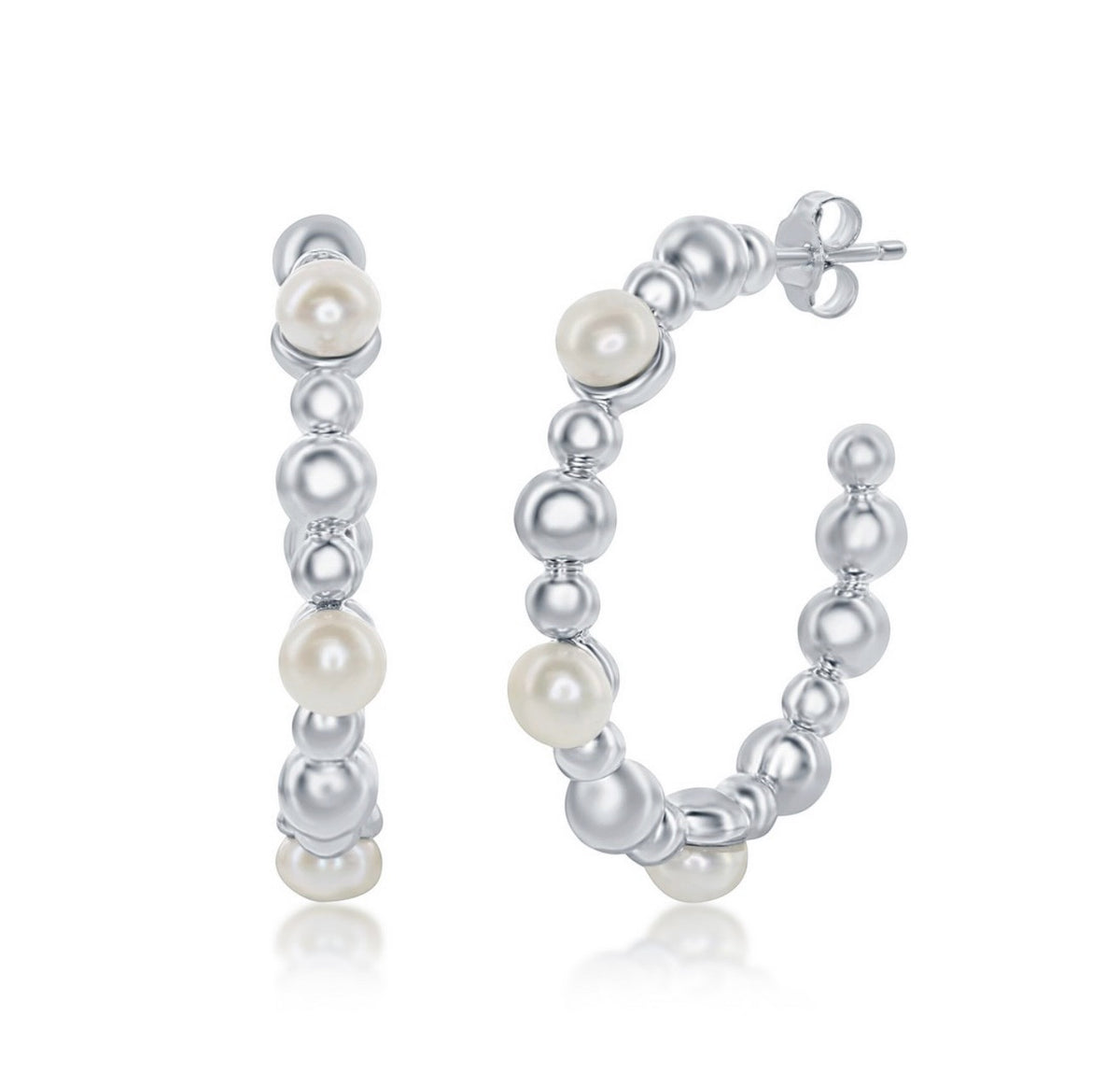 Sterling Silver, Fresh Water Pearl & Beaded 30mm Hoop Earrings