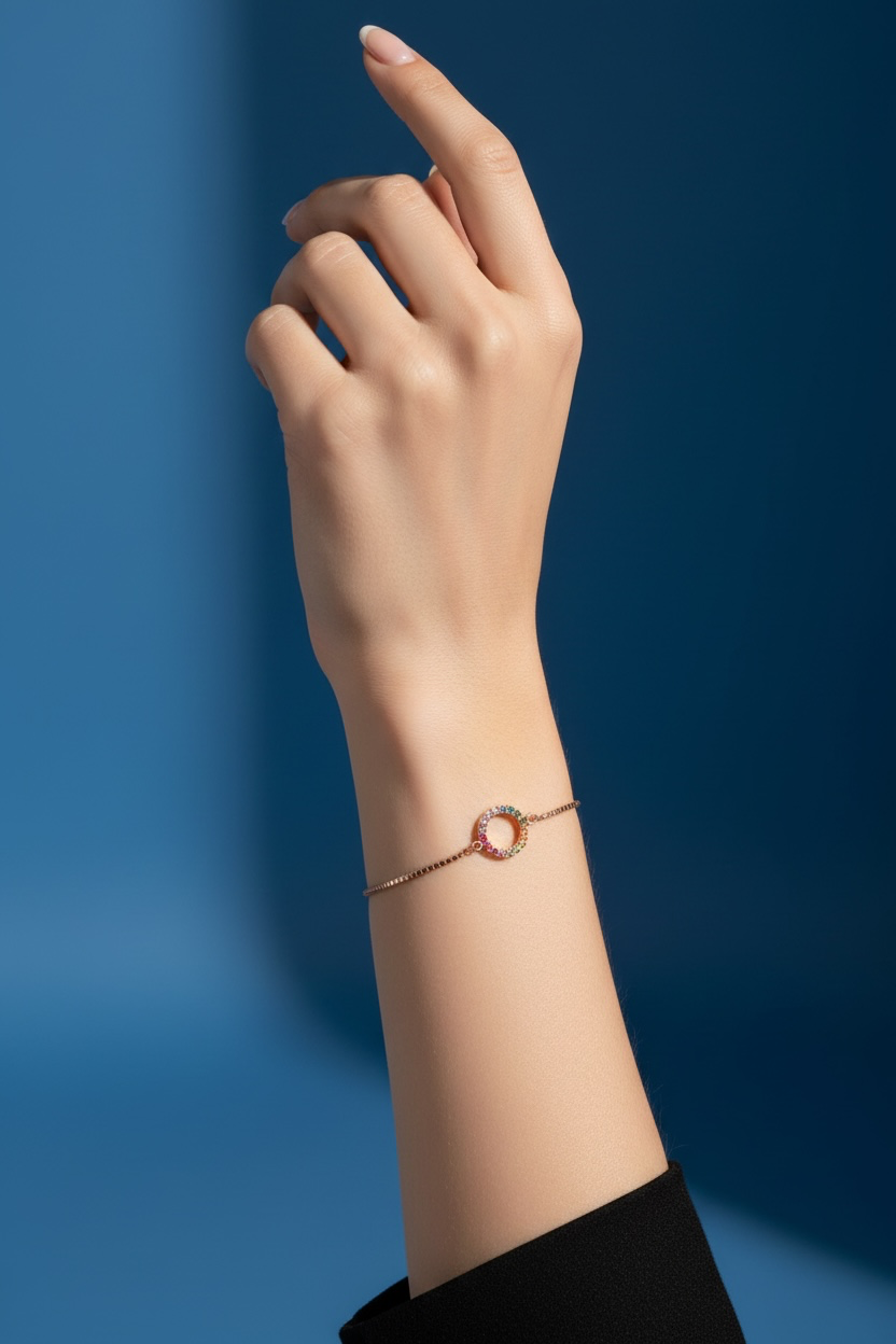 Sterling Silver, Rainbow Open Circle With Box Chain Adjustable Bolo Bracelet Rose Gold