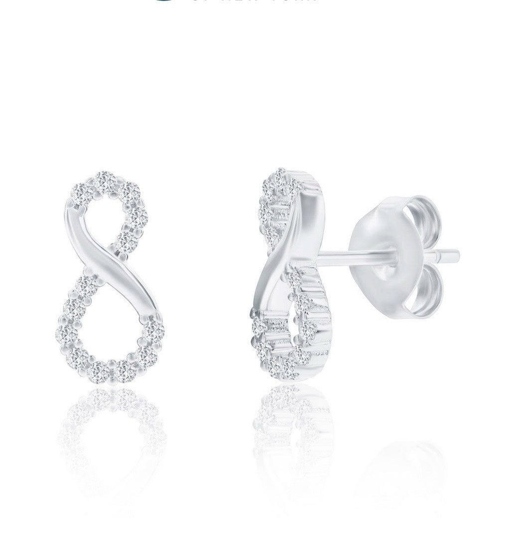 Sterling Silver Polished Crystal Infinity Necklace & Earrings Set