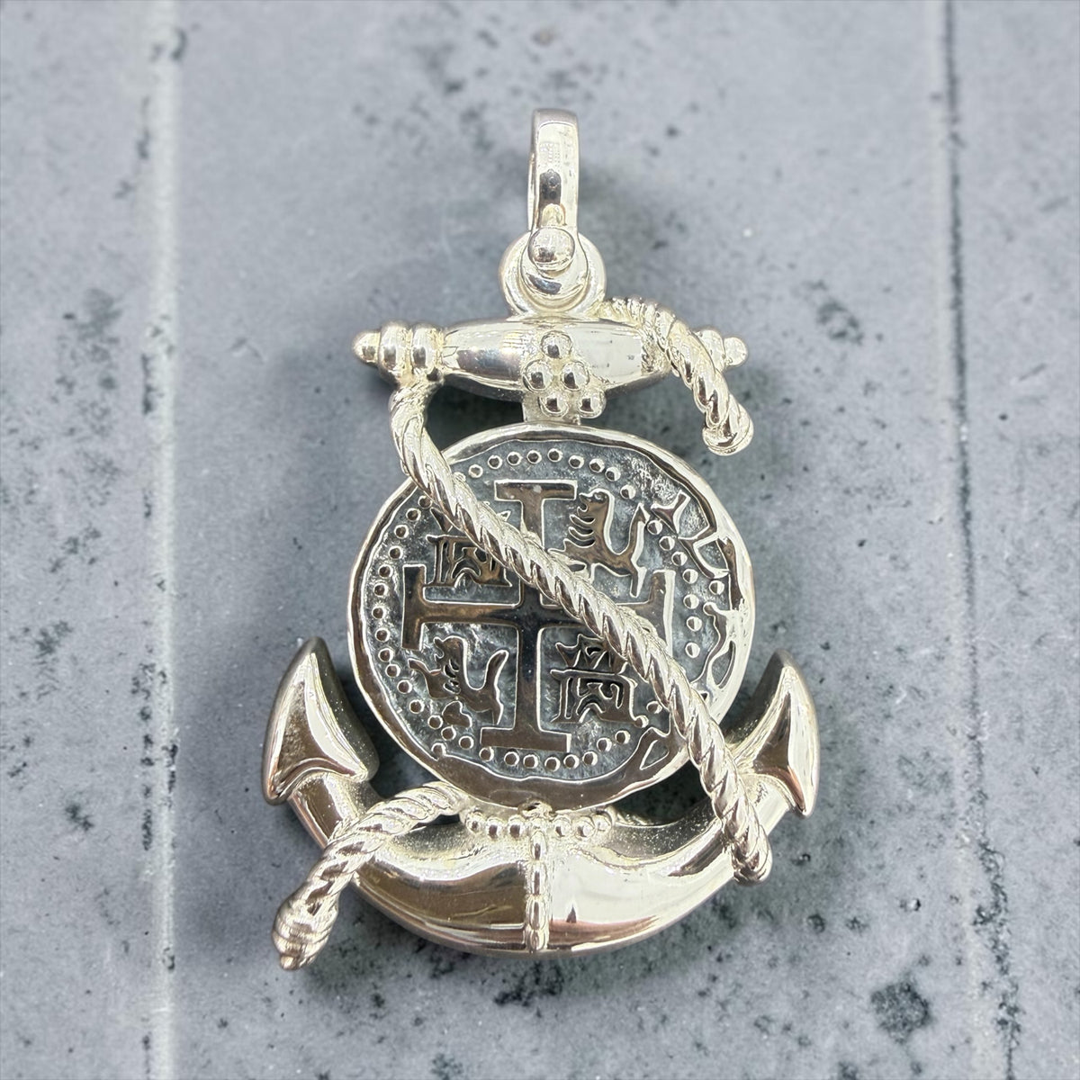 Replica Shipwreck Coin Pendant 925 solid sterling silver in Anchor Rope Setting