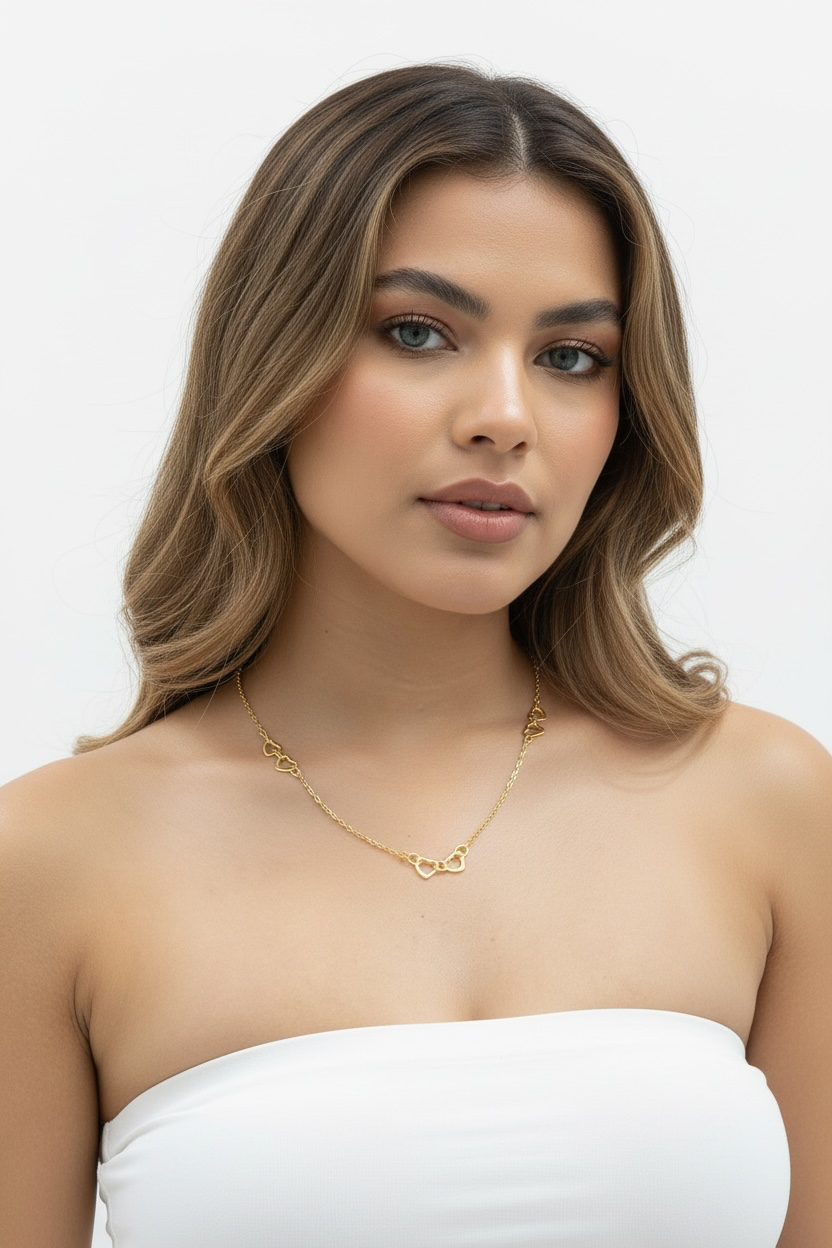 14K Yellow Real Solid Gold, Double Heart Necklace