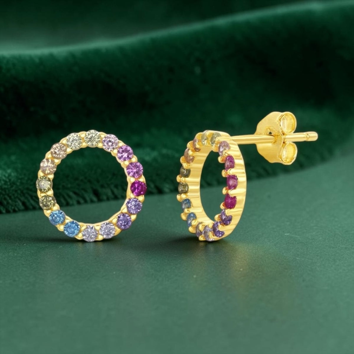 Sterling Silver Rainbow Open Circle Stud Earrings Gold