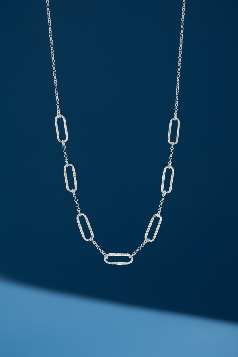 Sterling Silver Polished and Textured Paperclip Design Necklace