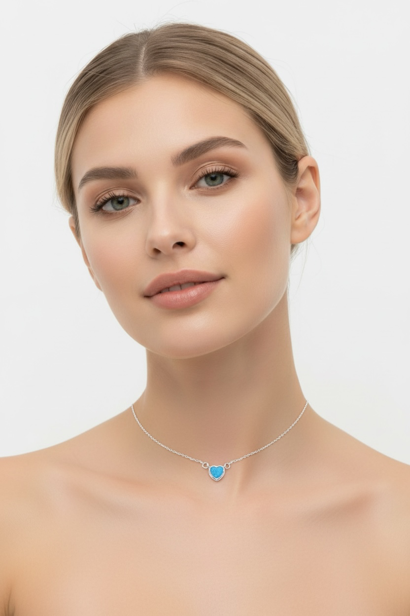 Sterling Silver Blue Inlay Opal Heart Choker VALENTINE JEWELRY