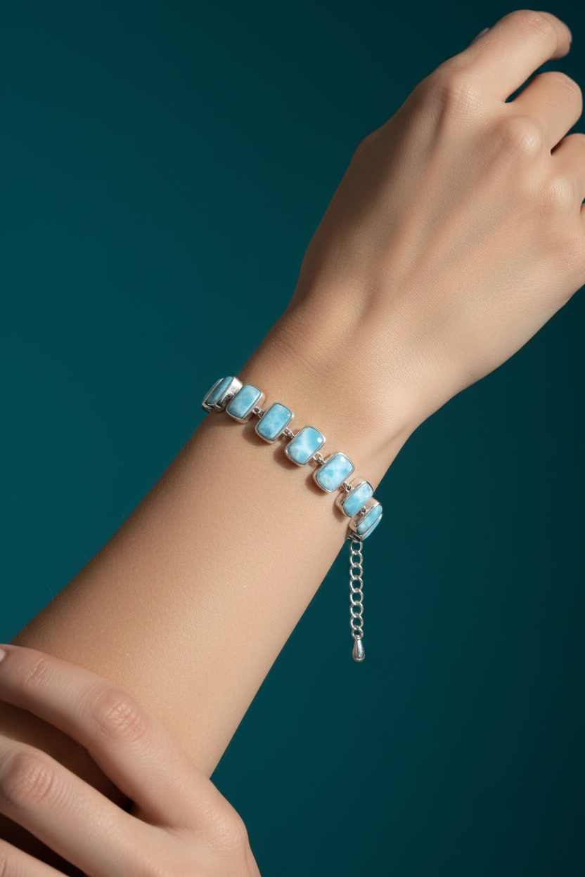 925 Sterling Silver, Triangle Design Larimar Link Bracelet