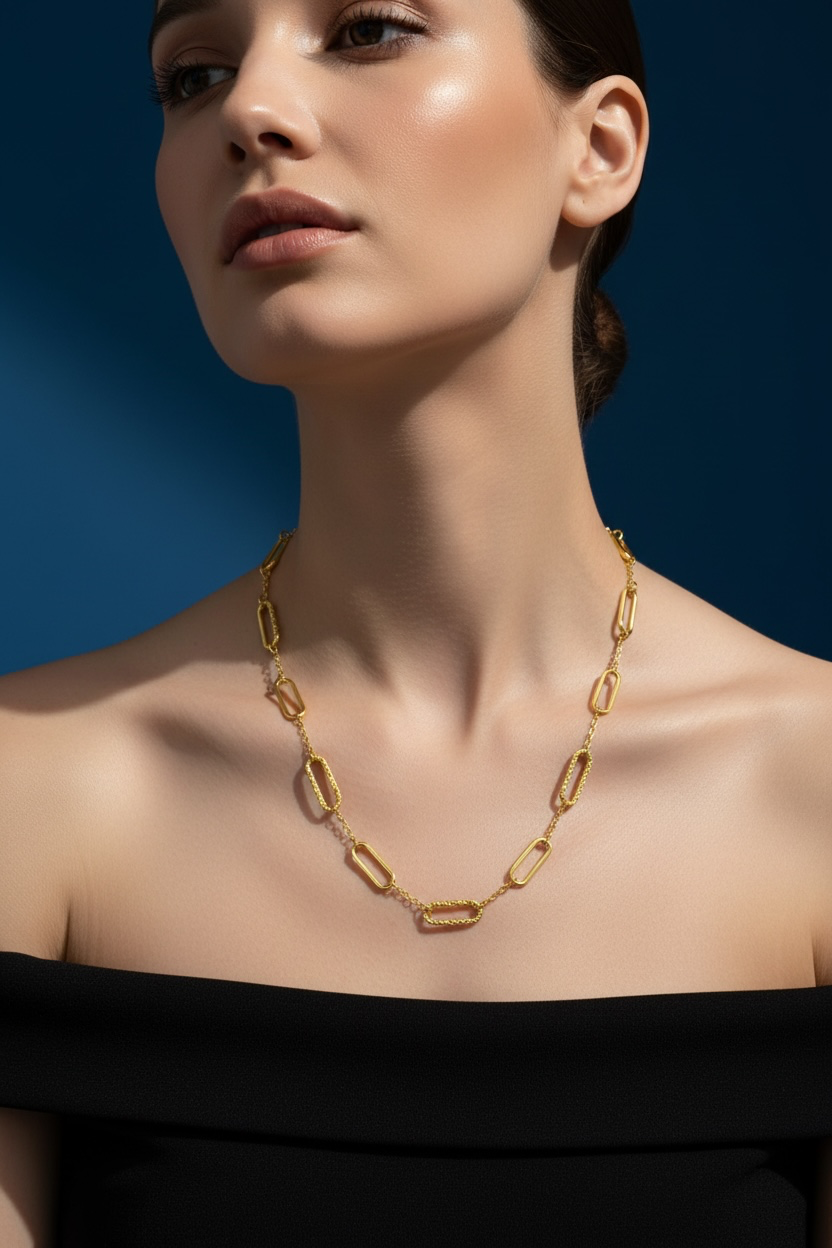 Sterling Silver Polished and Textured Paperclip Design Necklace 14k Gold Plated