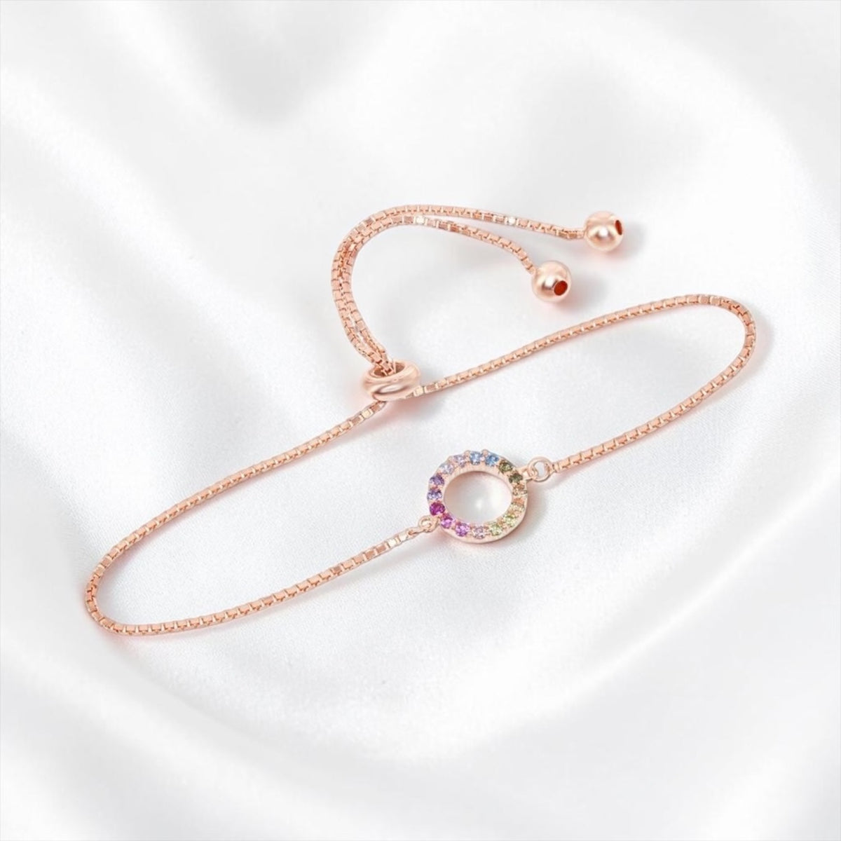 Sterling Silver, Rainbow Open Circle With Box Chain Adjustable Bolo Bracelet Rose Gold