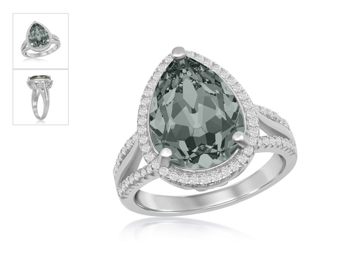 Sterling Silver 14x10mm Pearshaped Halo Crystal Black Diamond Swarovski Element Ring