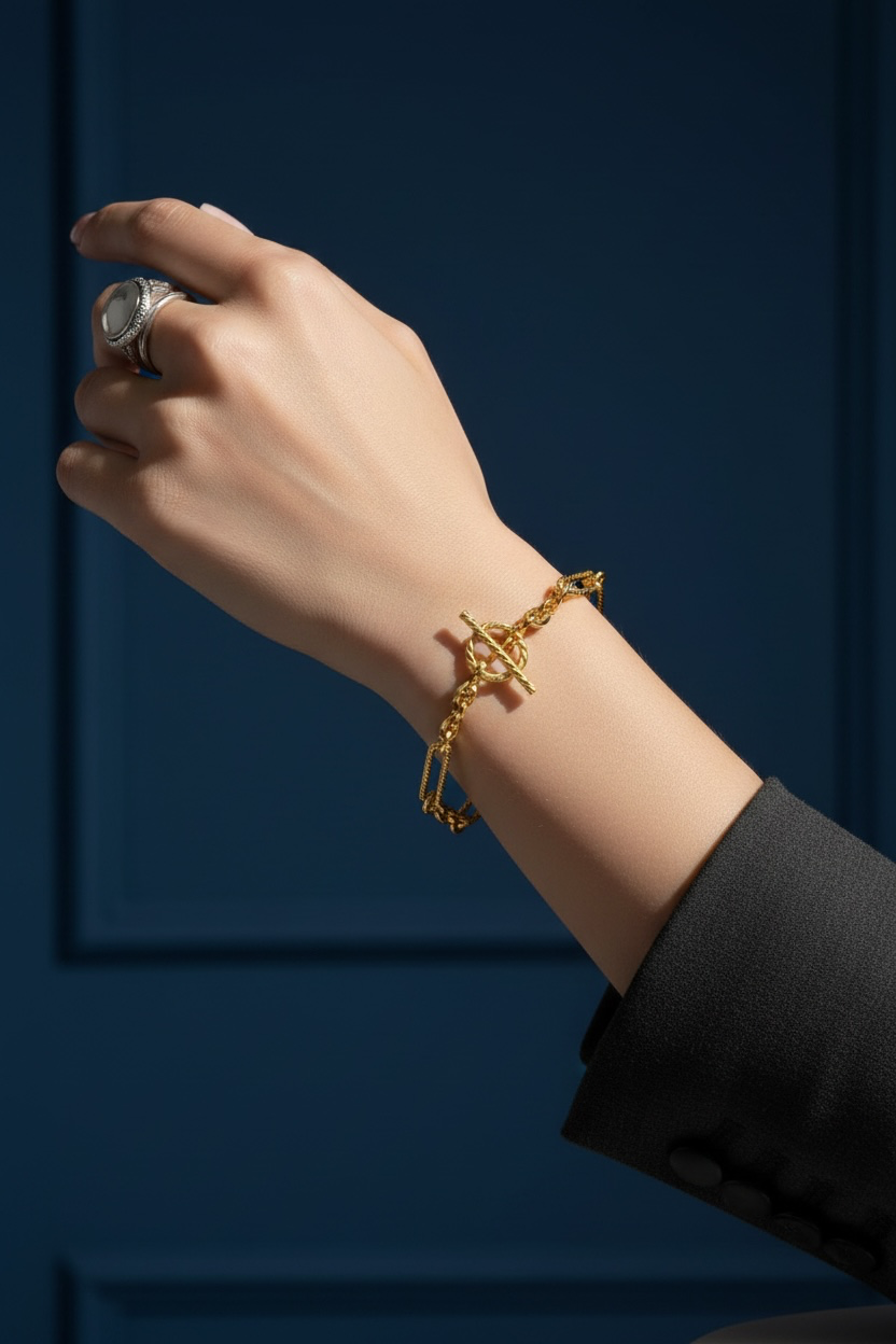 14K Real Yellow Gold, Rope Design Paperclip Toggle Bracelet 7.5”