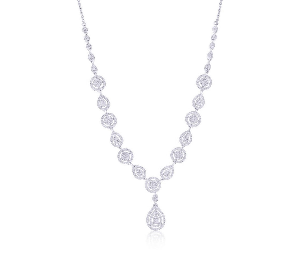 Sterling Silver, Round & Pearshaped Halo Diamond Necklace Bridal or Special Occasion
