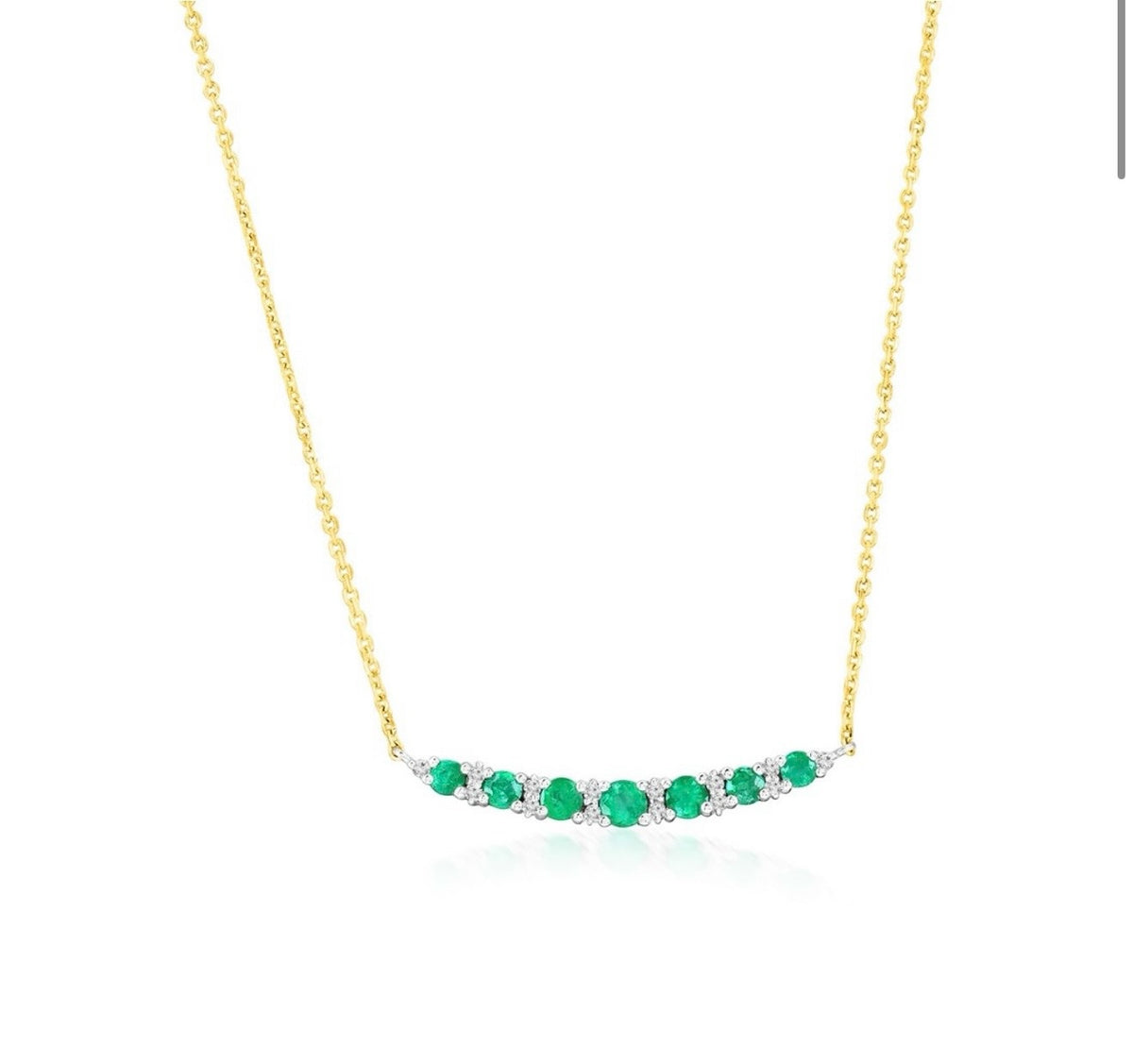 14K Yellow Real Solid Gold, Round 0.36ct Emerald, Graduating Diamond Necklace