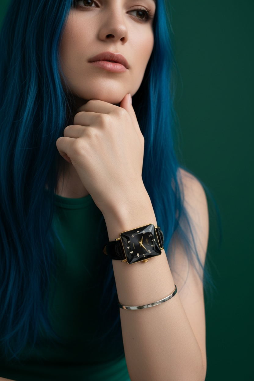 FACET PRINCESS, Princess-Cut, Gold Plated Swiss Quartz Watch, 15mm Band - Black Dial