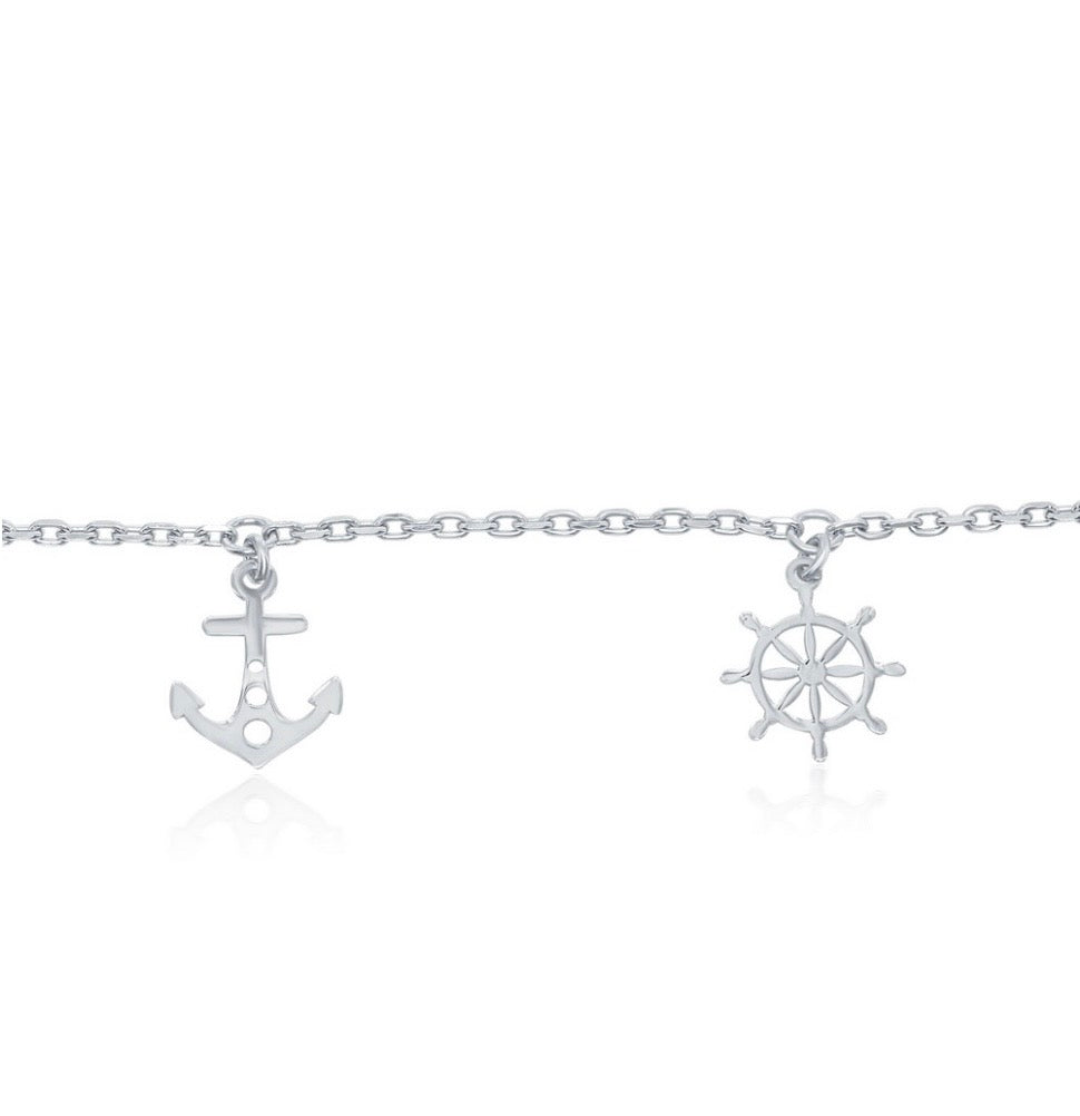 Sterling Silver, Alternating Anchor and Ship Wheel Anklet
