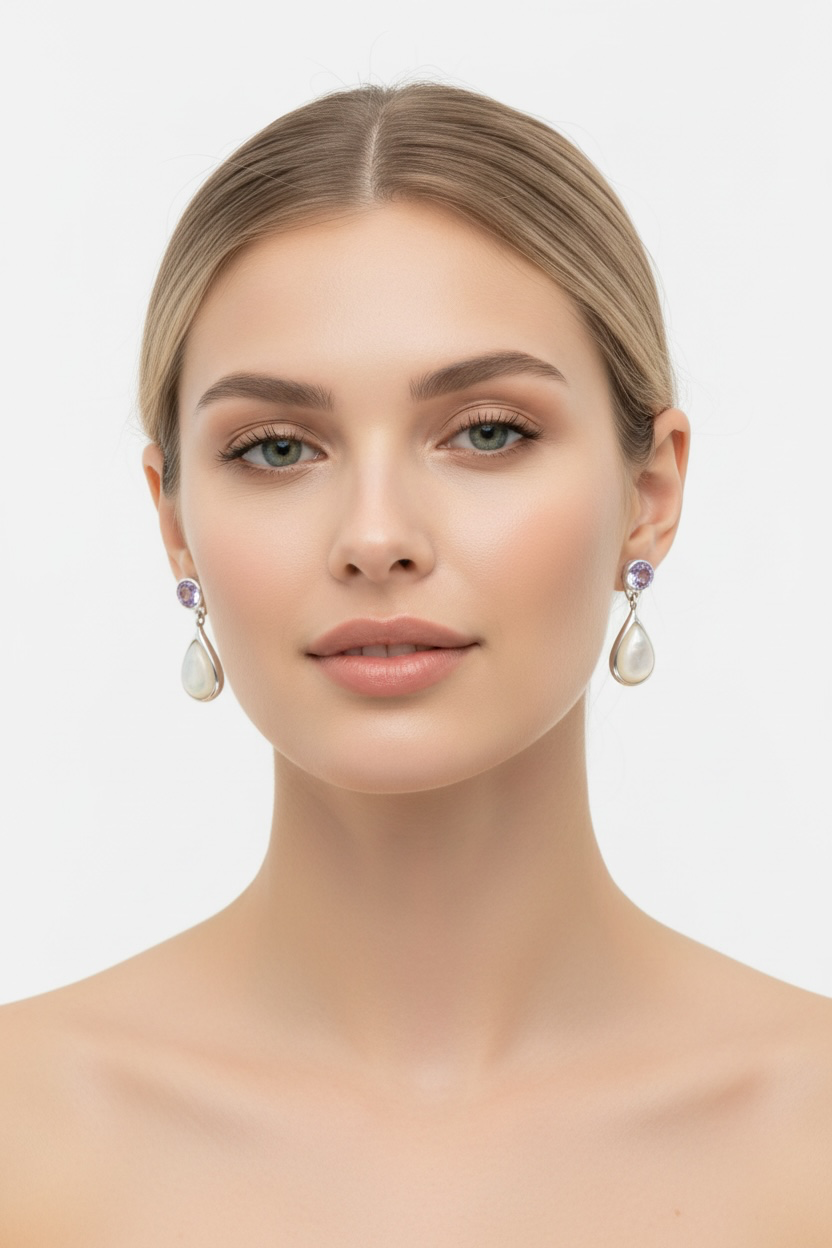 Sterling Silver Amethyst and Mother of Pearl Earrings