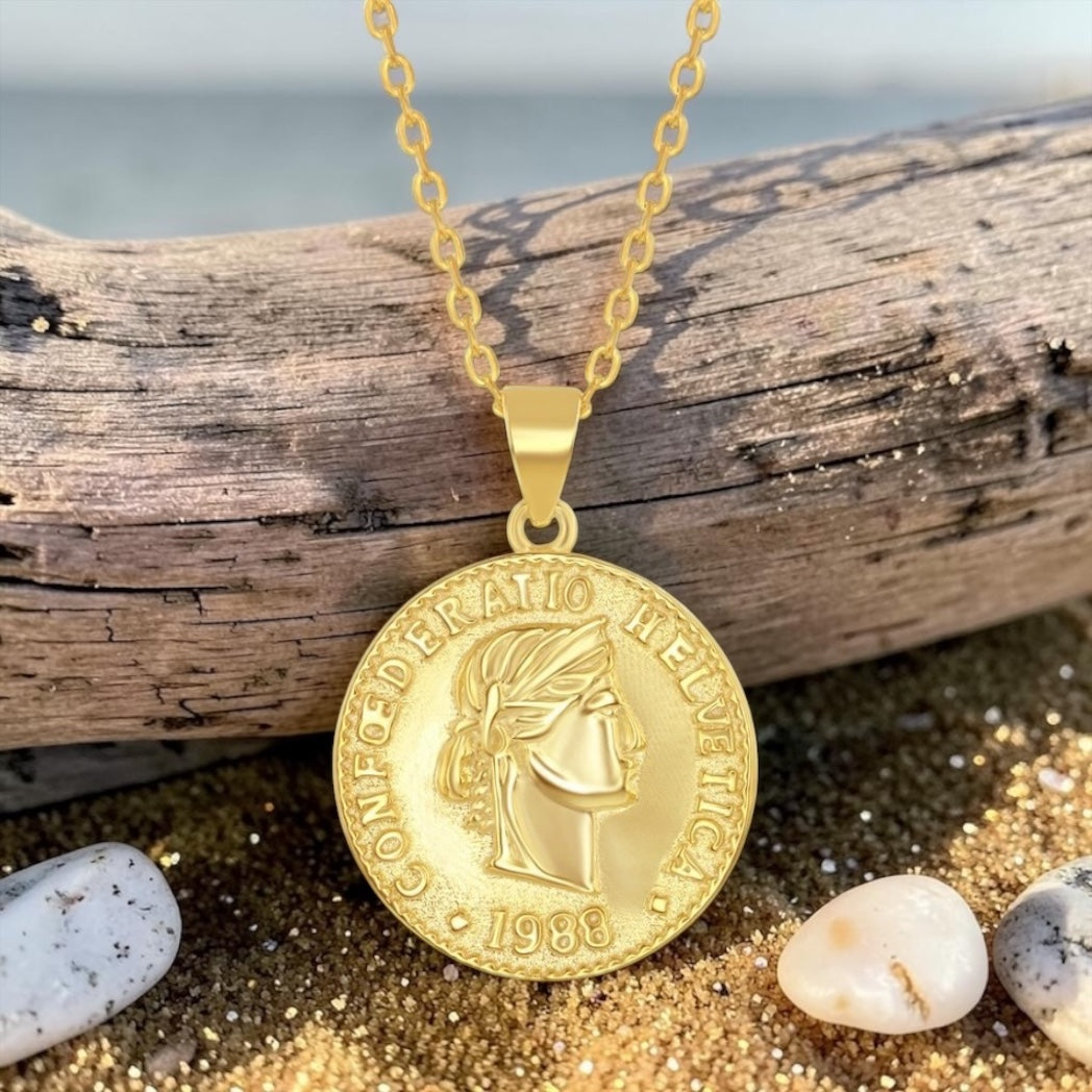 Sterling Silver Confoederatio Helvetica Coin Style Necklace 14k Gold Plated