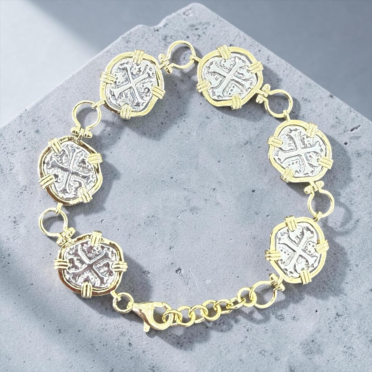 Replica of Atocha shipwreck coin bracelet two tone