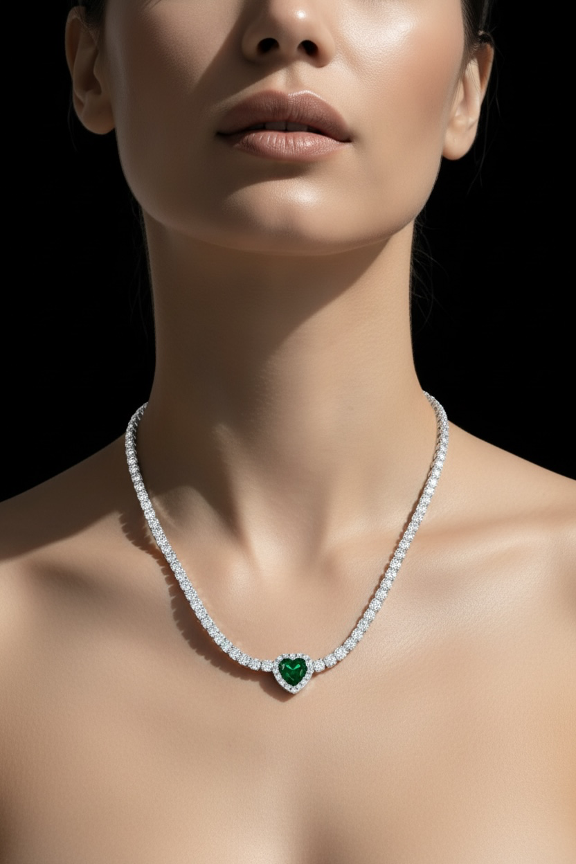 Sterling Silver, Heart CrystallineTennis Necklace - Emerald