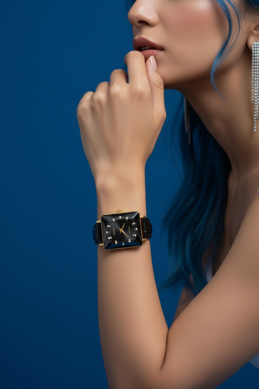 FACET PRINCESS, Princess-Cut, Gold Plated Swiss Quartz Watch, 15mm Band - Black Dial
