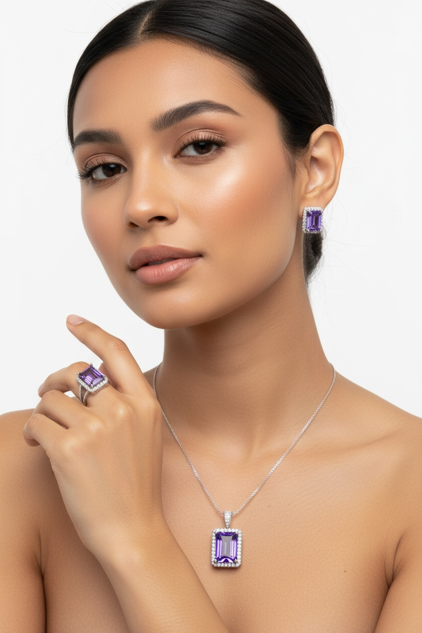Sterling Silver CZ & 14x10mm Rectanglular Step-Cut Halo - Tanzanite Swarovski Element Ring