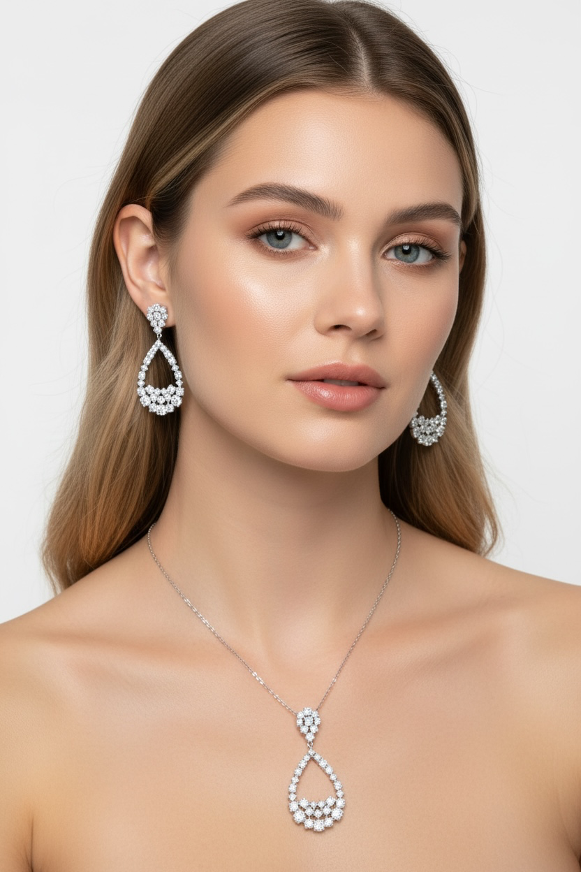 Sterling Silver Large Pearshaped Cubic Crystalline Necklace Bridal and Special Ocasssions