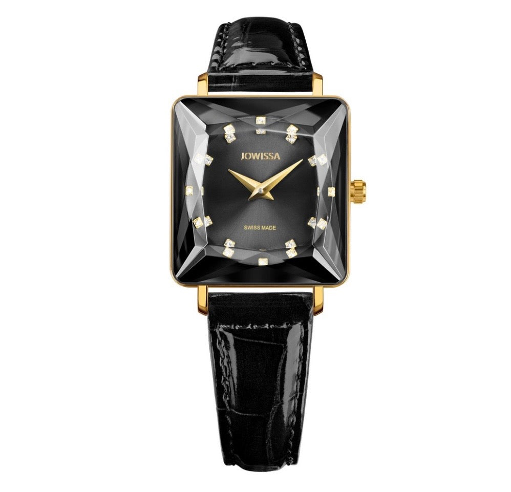 FACET PRINCESS, Princess-Cut, Gold Plated Swiss Quartz Watch, 15mm Band - Black Dial